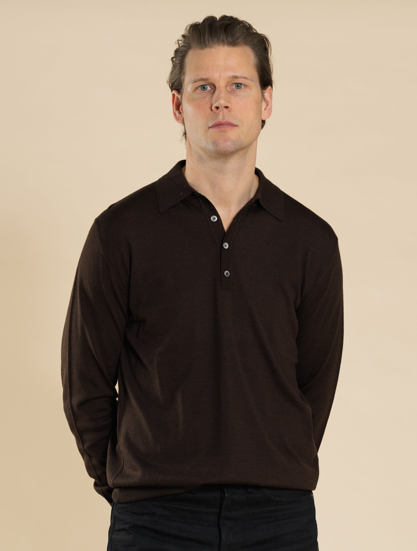 Wool Silk Polo Shirt Long Sleeve Brown Morgano Polo shirts 48