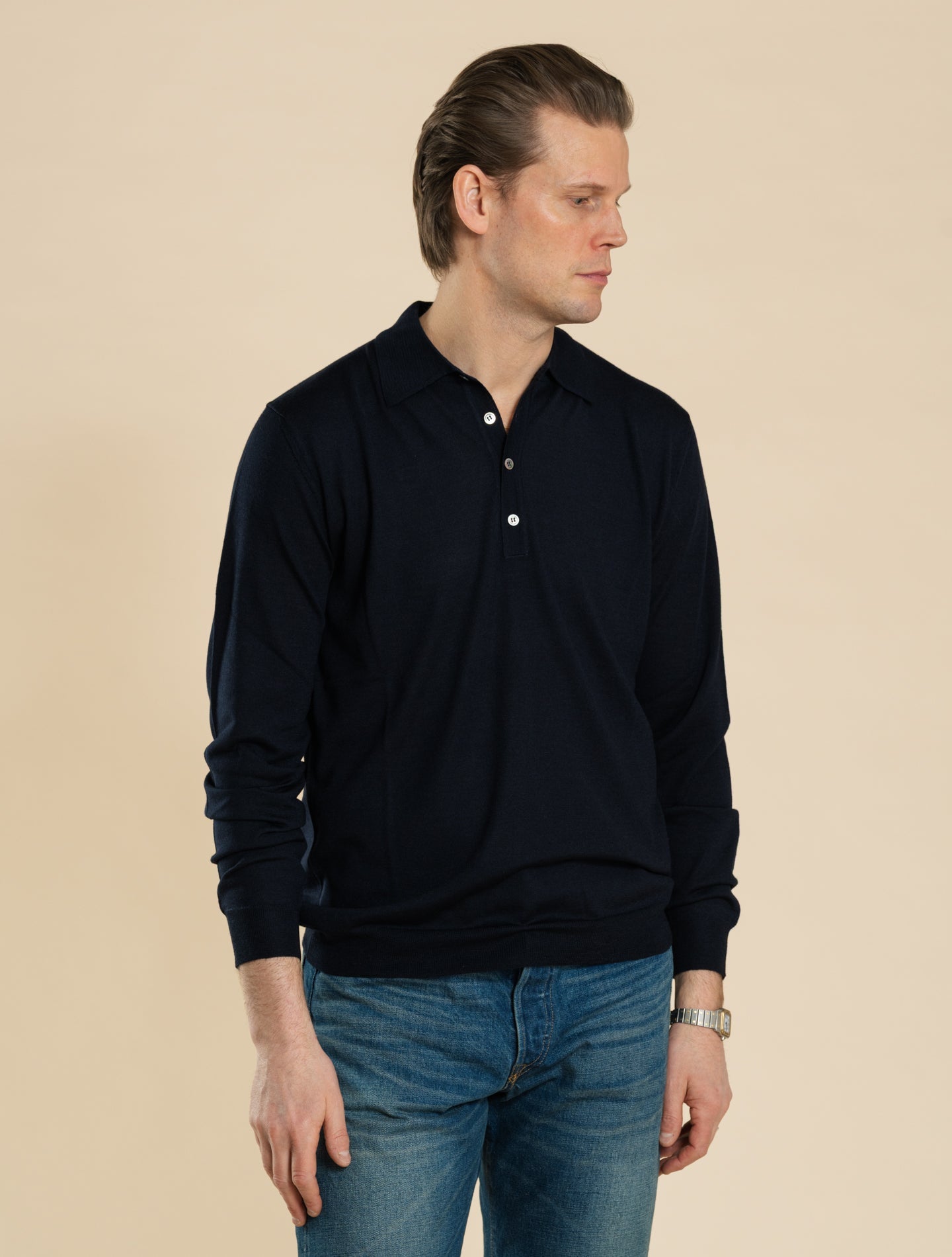 Wool Silk Polo Shirt Long Sleeve Navy Morgano Polo shirts 48