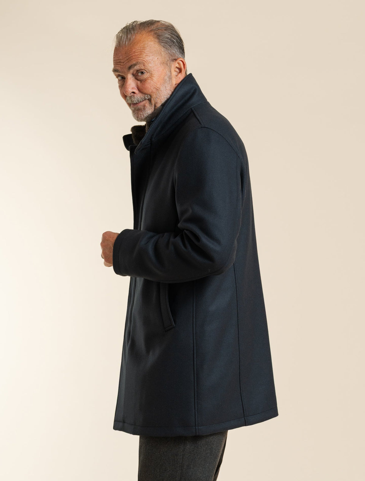 Wool Twill Eco Fur Carcoat Navy Herno Outerwear 48