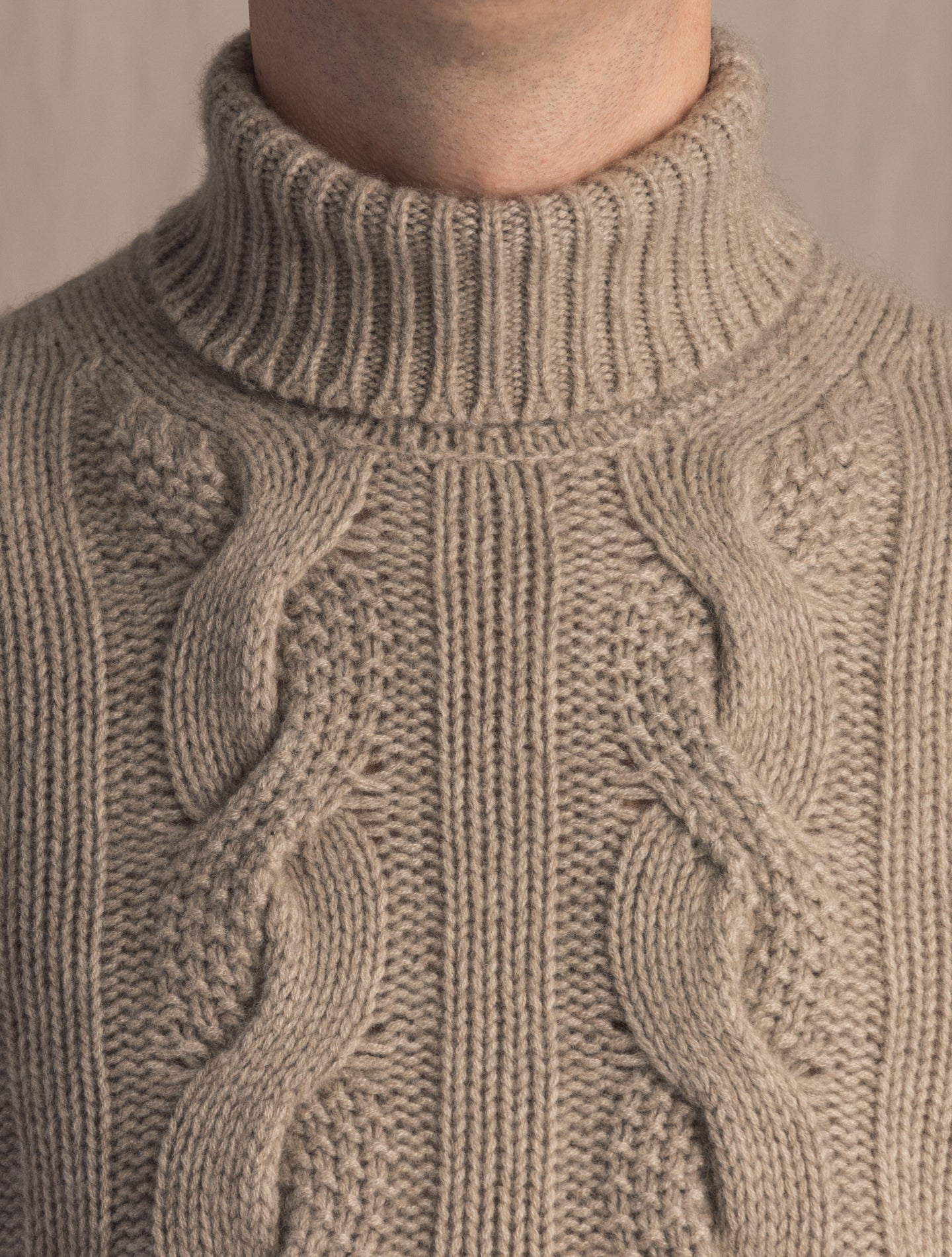 Beige Cashmere Cable Roll Neck | Gabucci