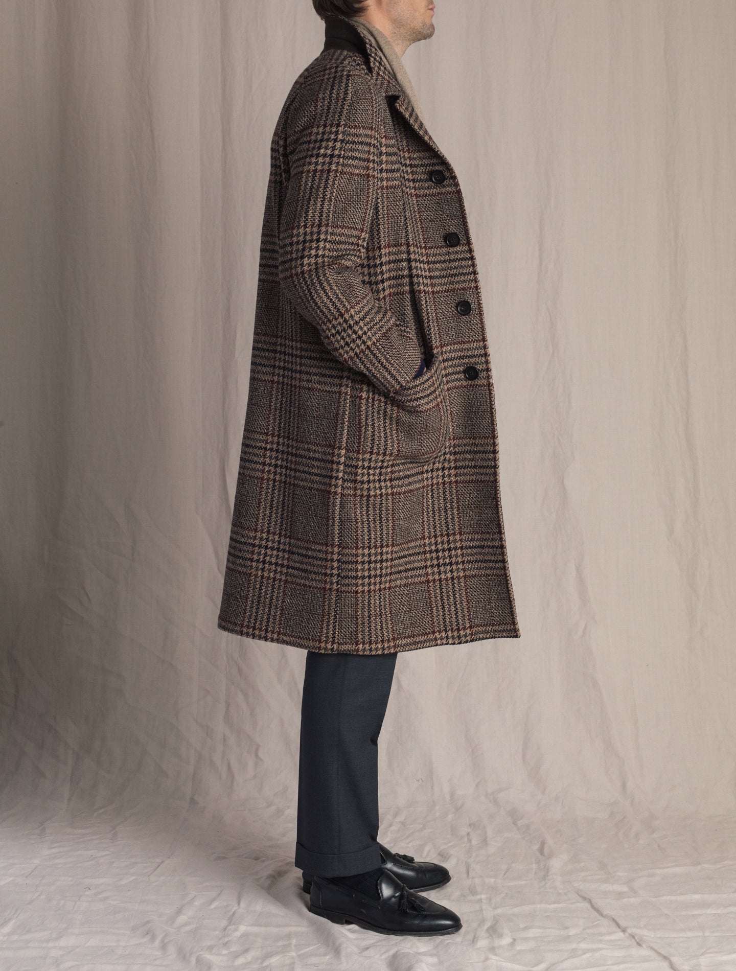 Brown Check Wool Cashmere Raglan Coat | Gabucci