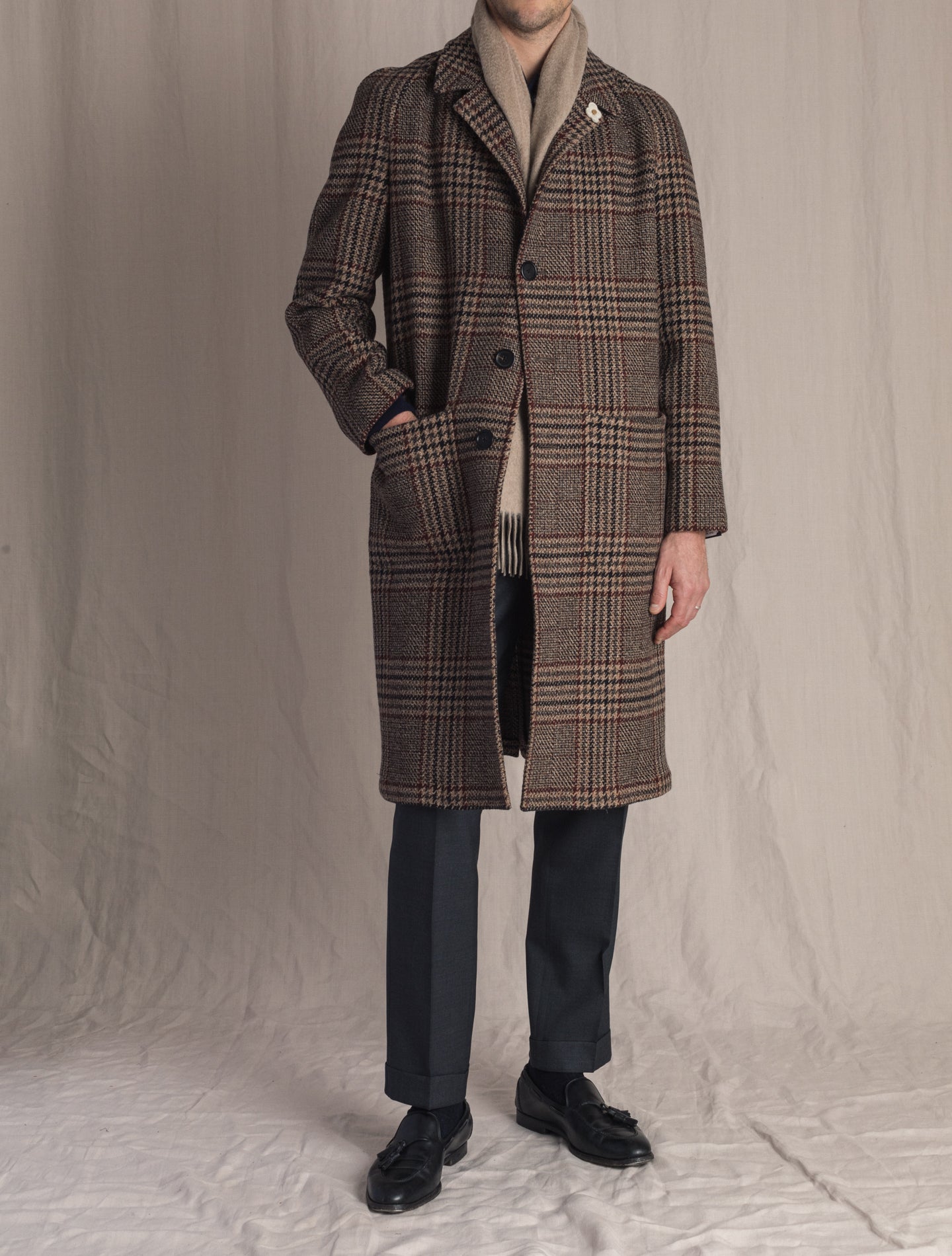 Brown Check Wool Cashmere Raglan Coat | Gabucci