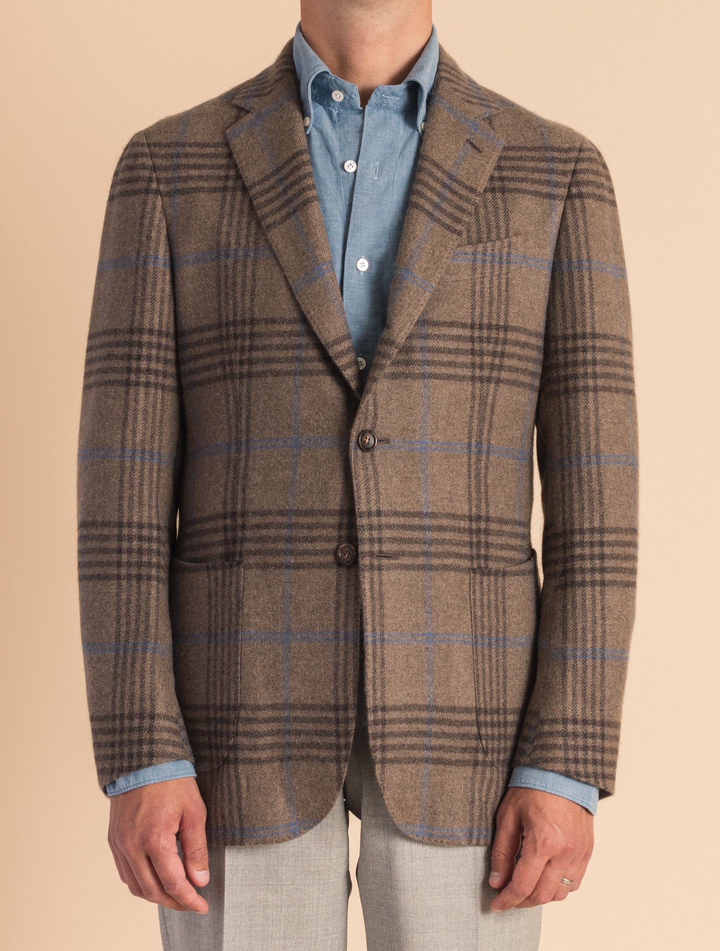 Brown Handmade Checkered Cashmere Single Breasted Jacket | Gabucci