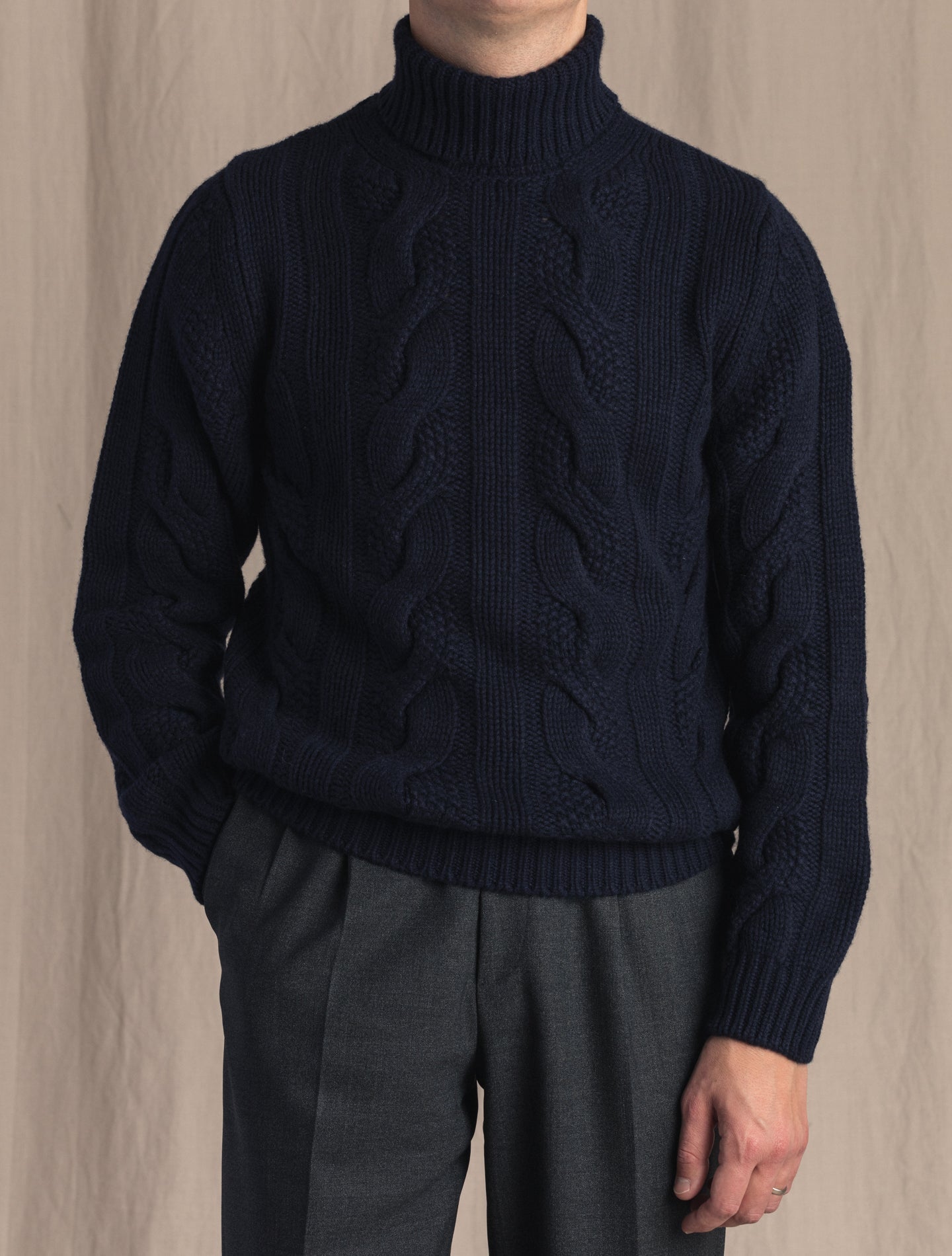 Cashmere Cable Roll Neck Navy Gabucci Knitwear 48