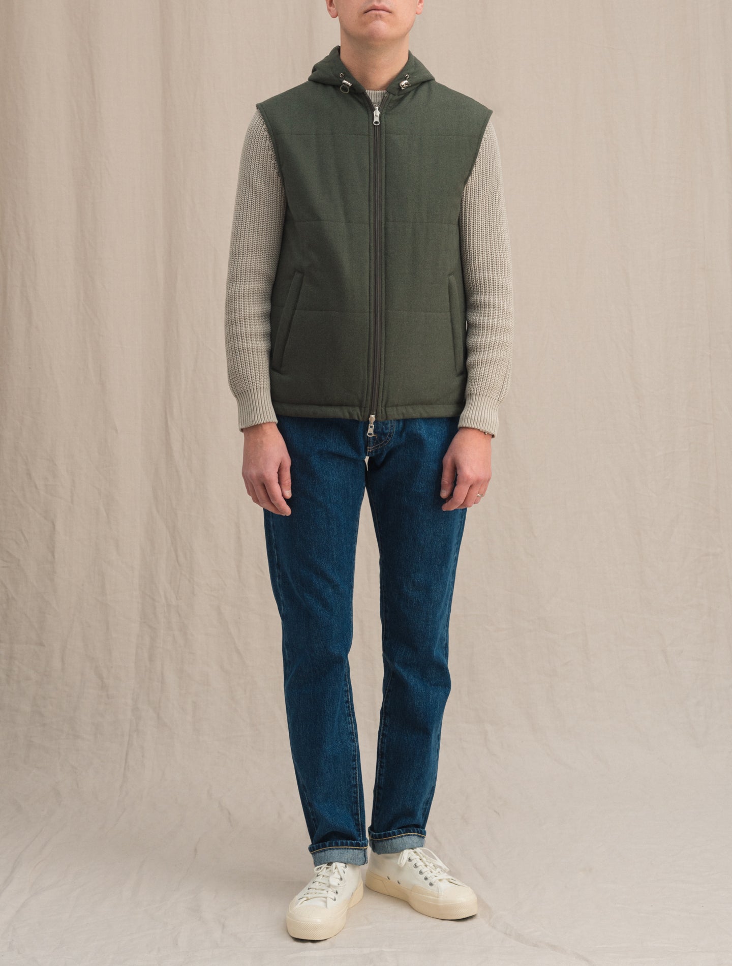 Cashmere hooded Reversible Vest Green | Gabucci