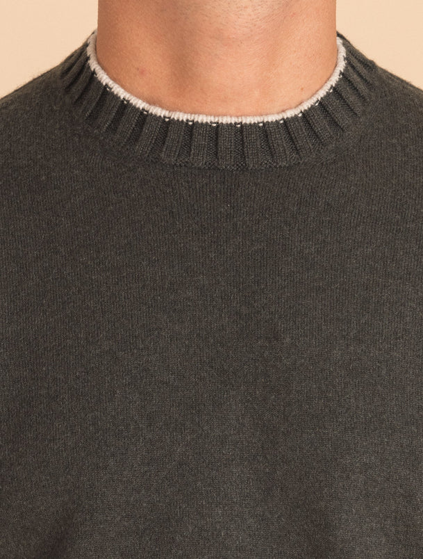 GARDENHEIR Himalayan Cashmere Checkered Crew Neck Sweater in Linen/ Fawn