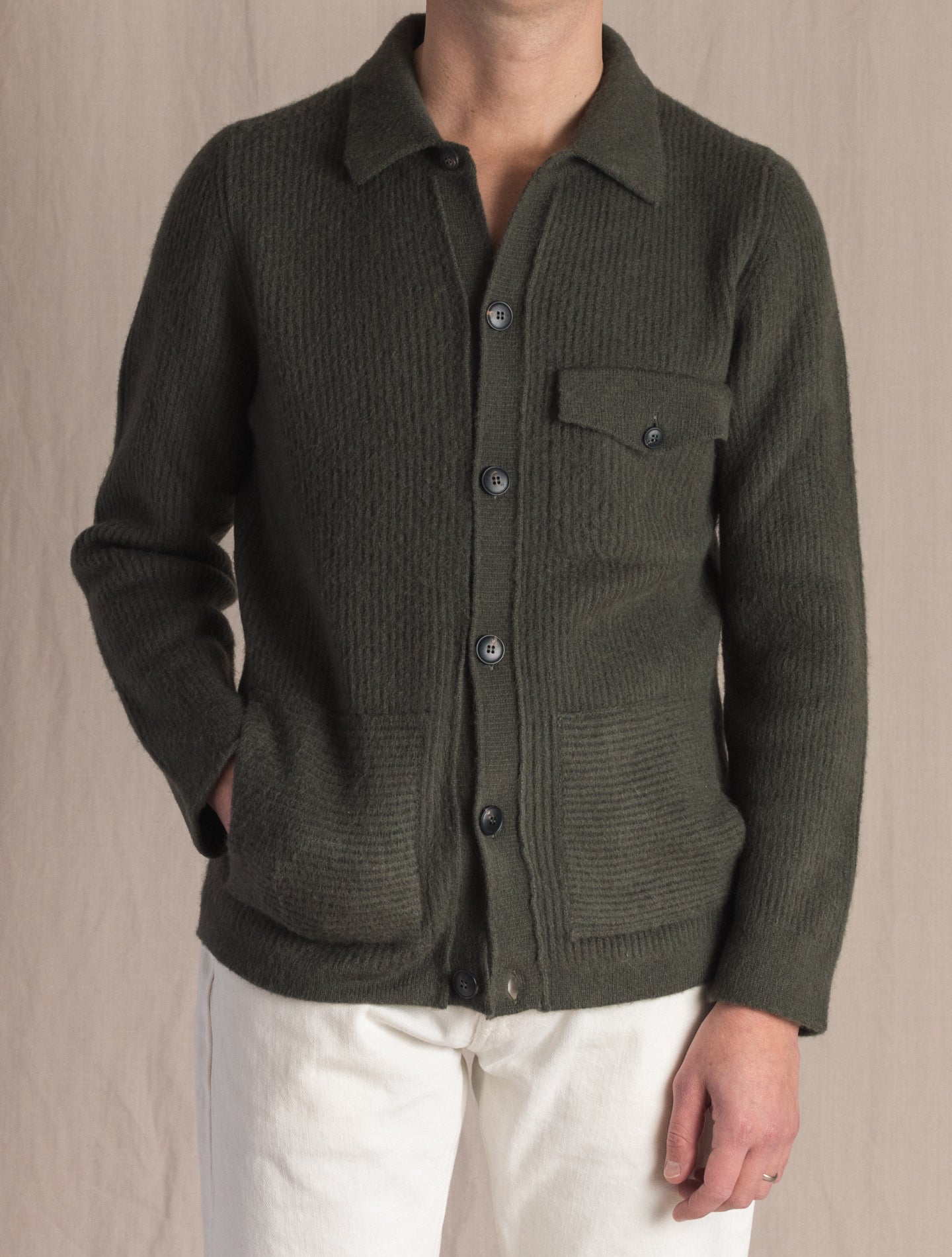 Dark Green Wool Cashmere Knitted Jacket | Gabucci