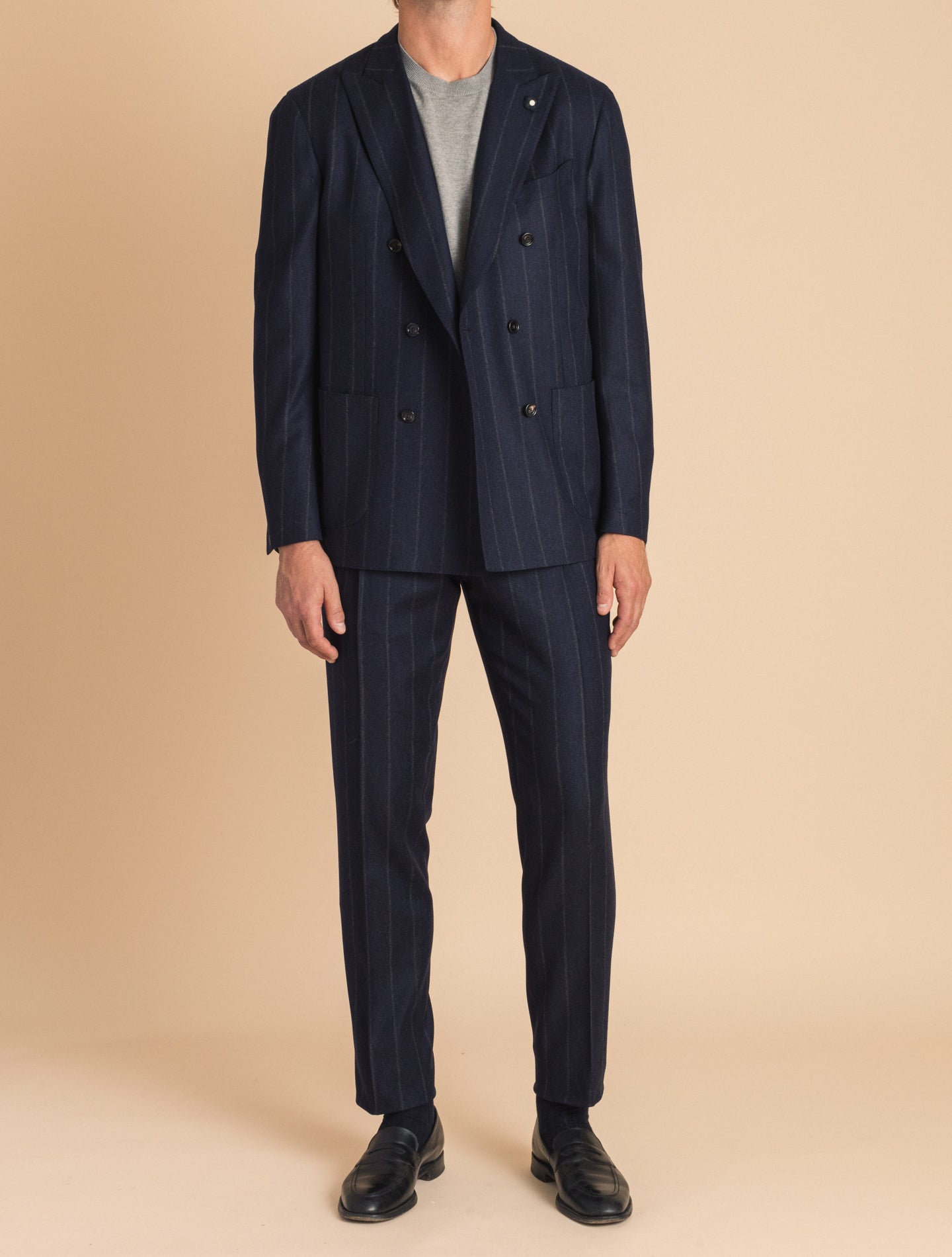 Dark Navy Striped Double Breasted Wool Suit | Gabucci