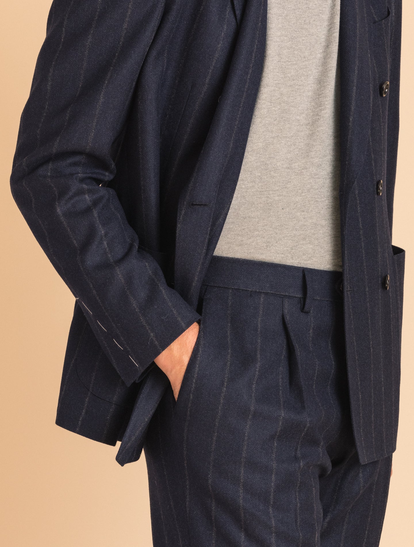 Dark Navy Striped Double Breasted Wool Suit | Gabucci