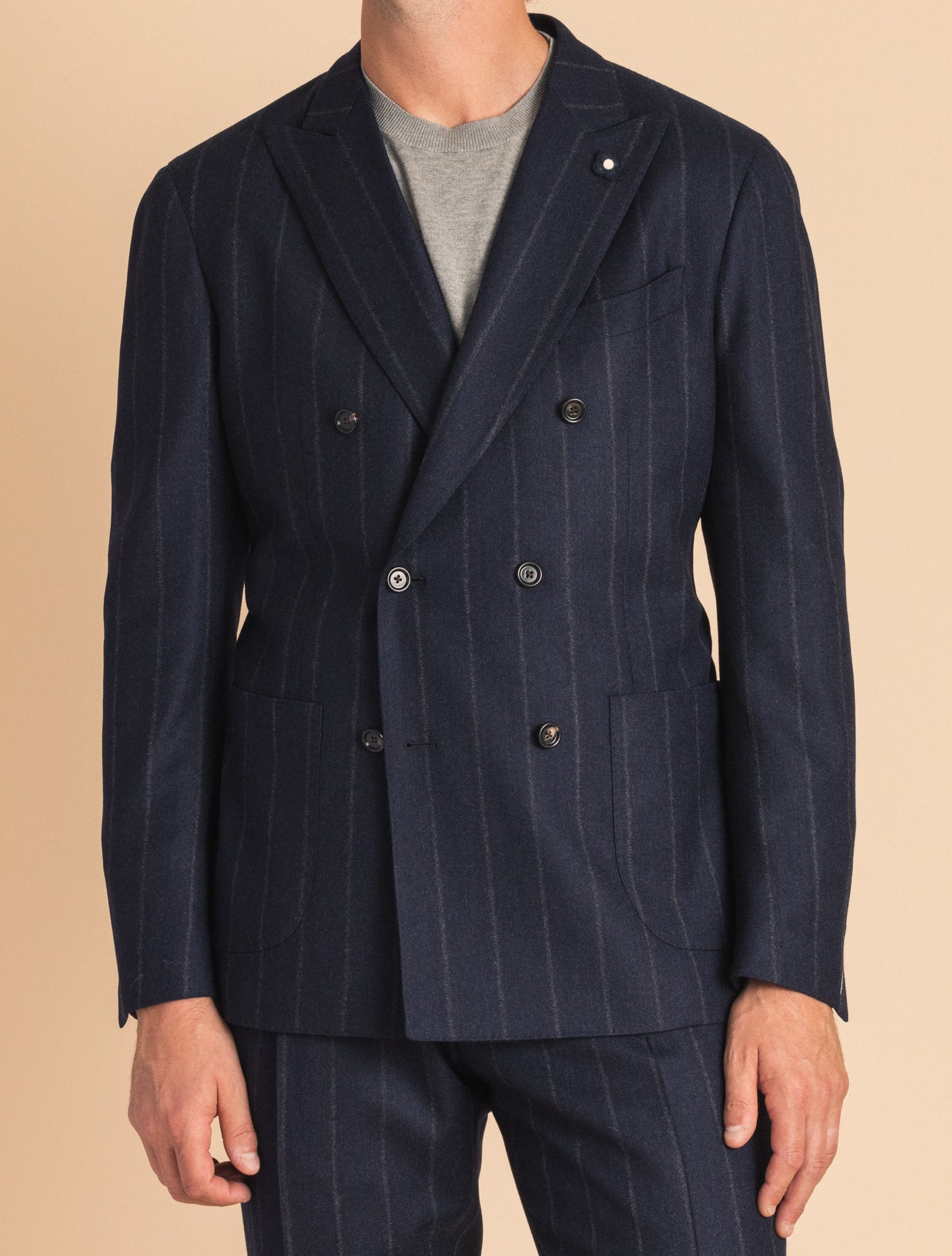 Dark Navy Striped Double Breasted Wool Suit | Gabucci