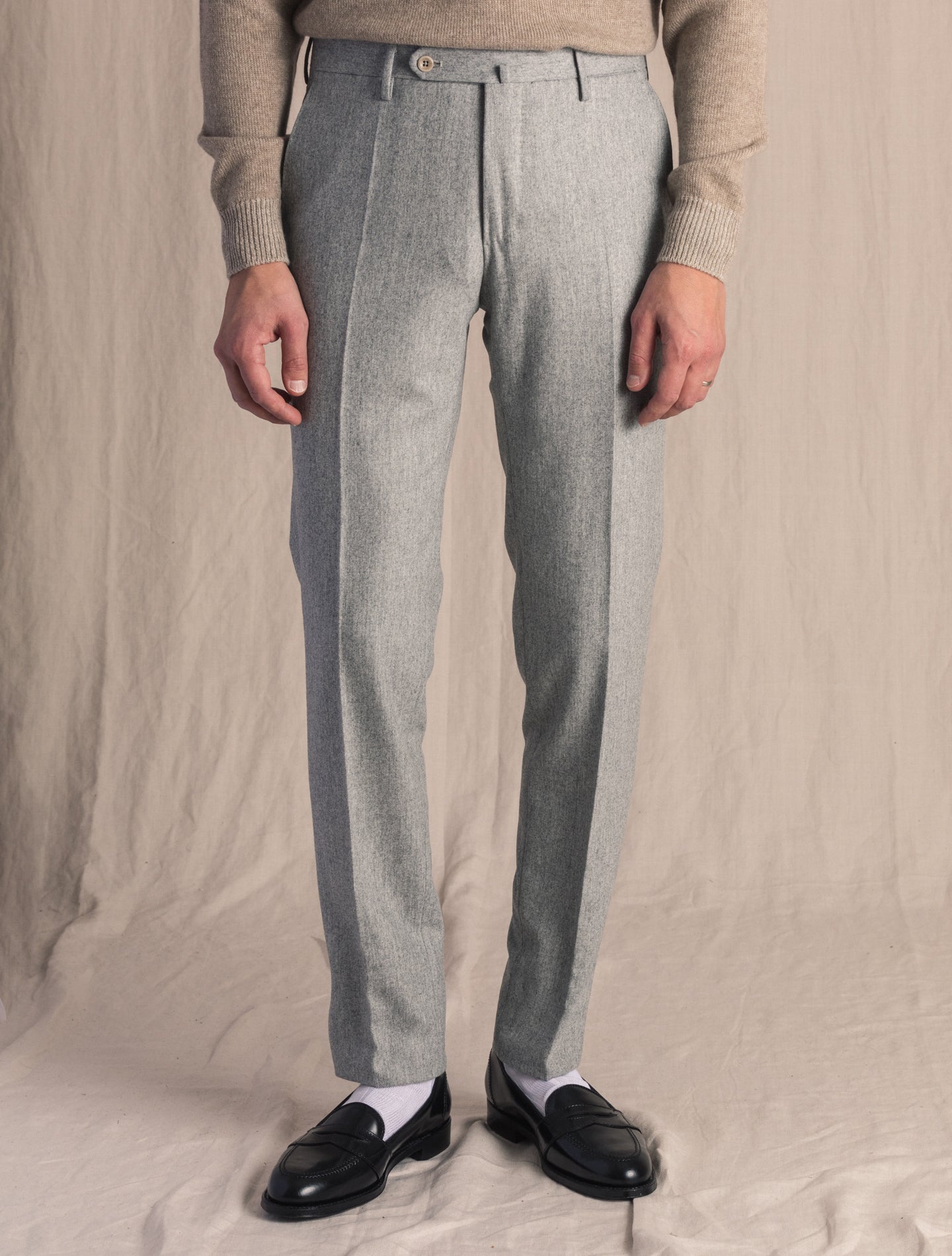 Light Grey Slim Fit Wool Flannel Trousers | Gabucci