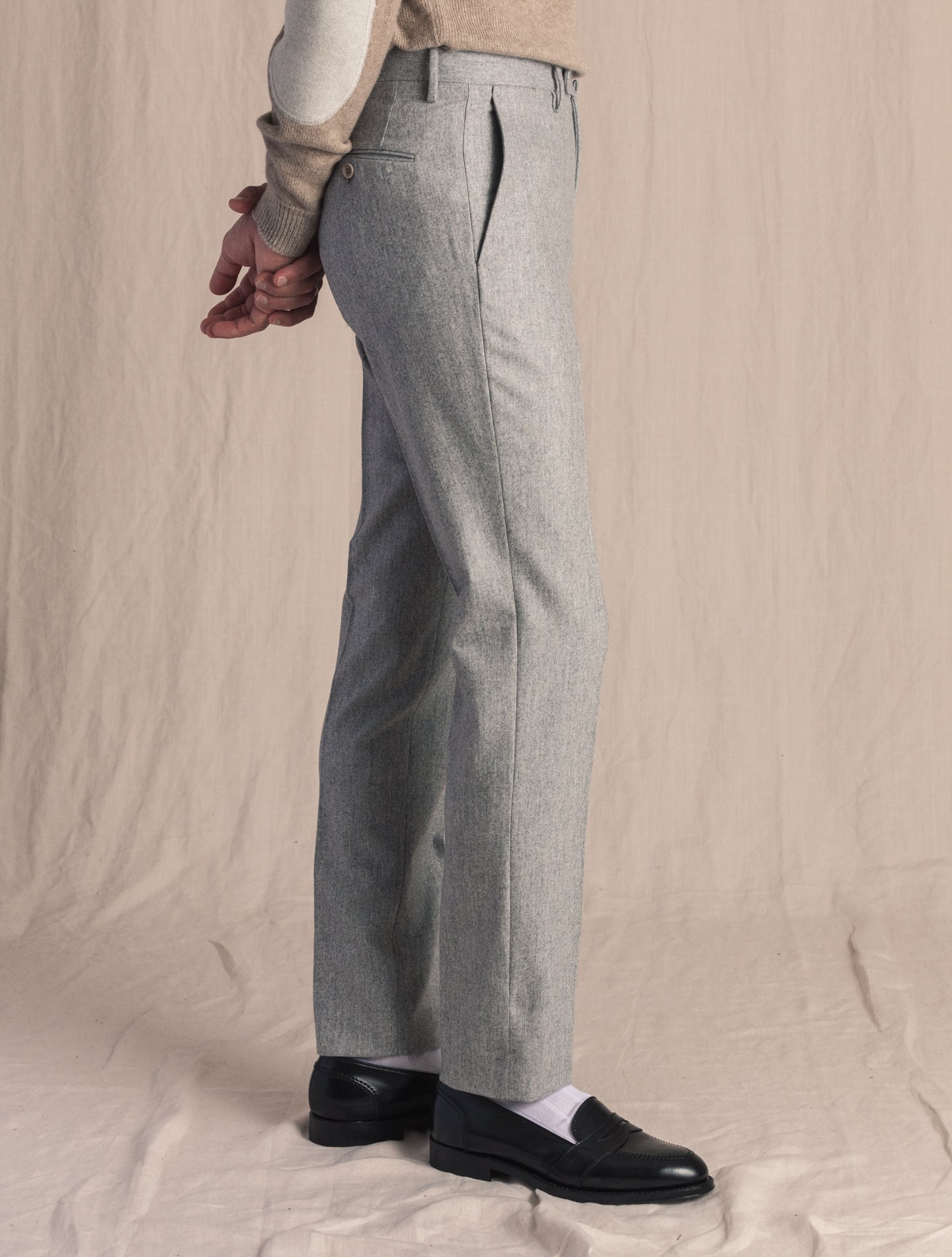 Light Grey Slim Fit Wool Flannel Trousers | Gabucci