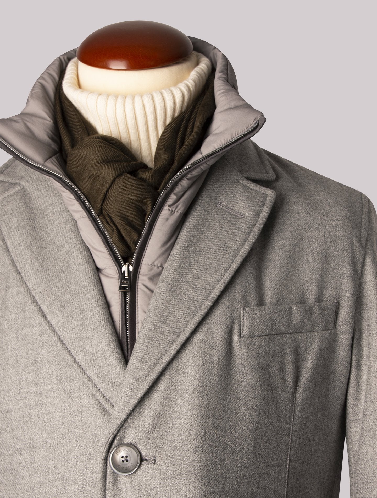 Ligth Grey Wool Coat With Detachable Down Bib