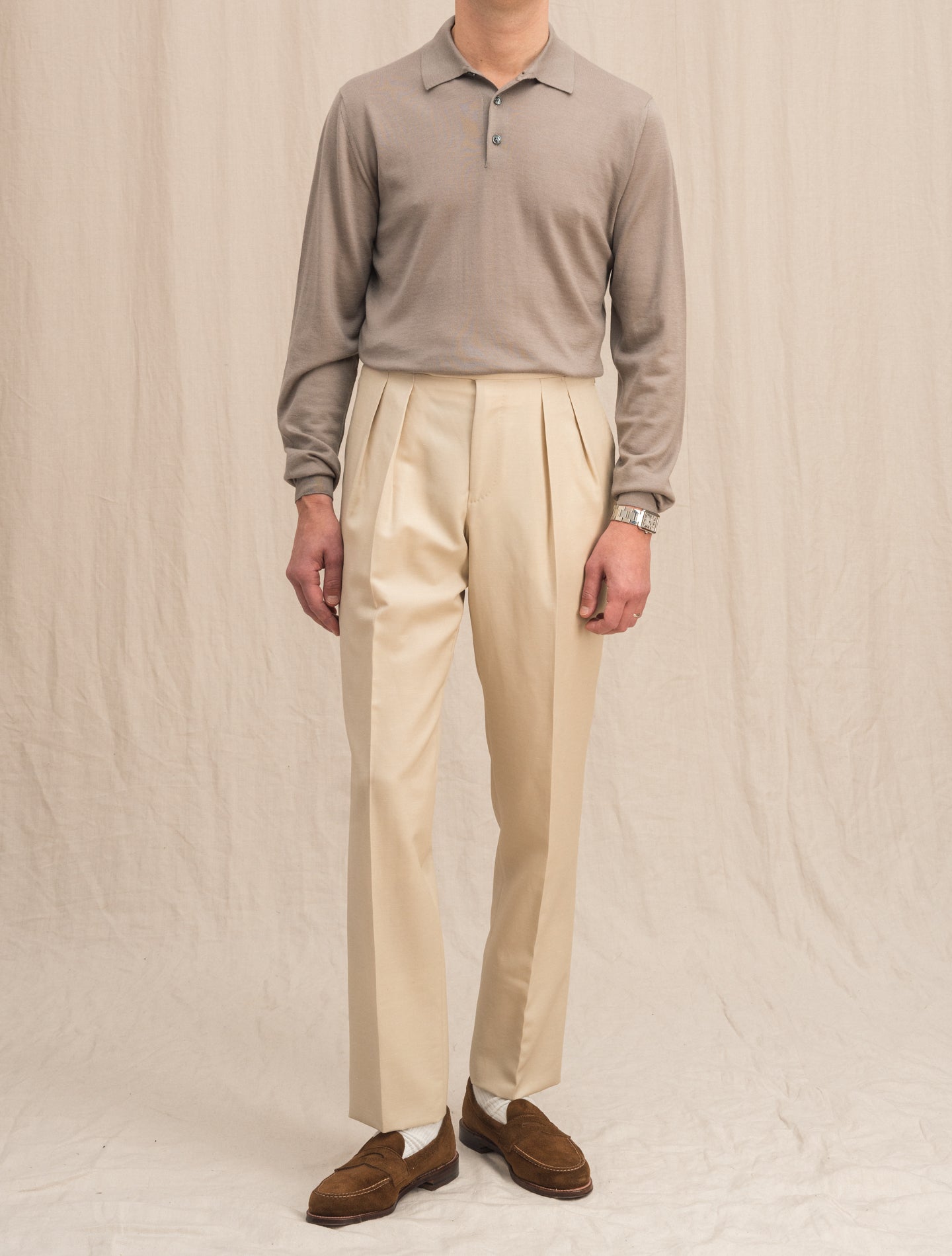 Long Sleeve Cashmere Polo Shirt Taupe Gabucci Shirts 48