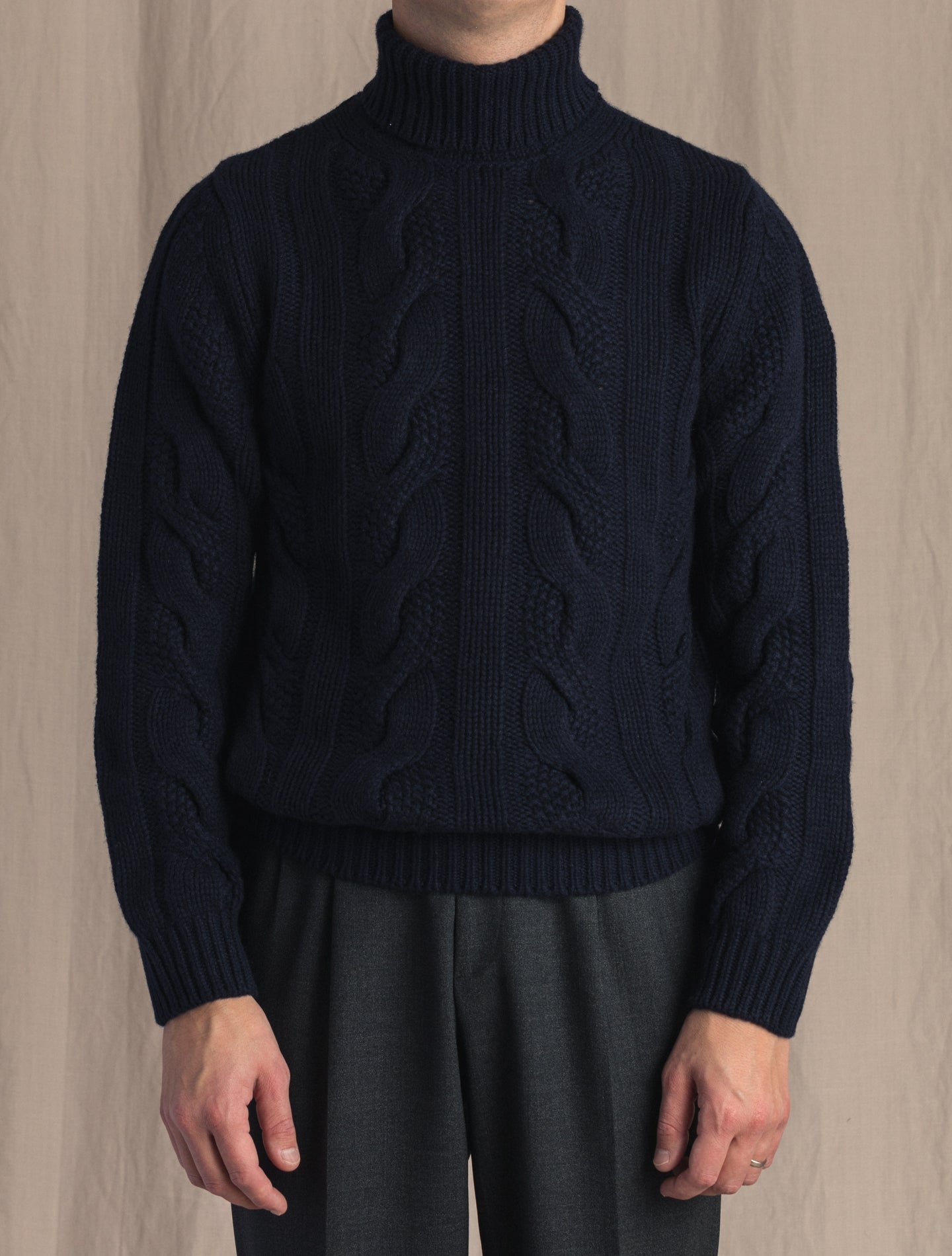 Navy Cashmere Cable Roll Neck | Gabucci