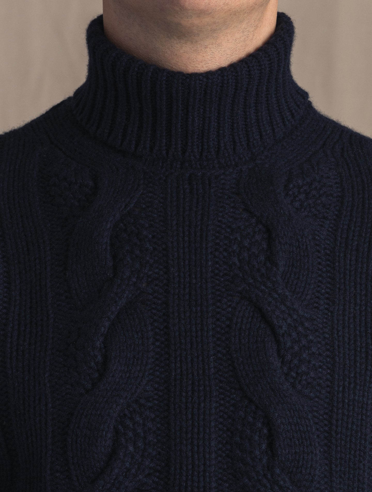 Navy Cashmere Cable Roll Neck | Gabucci