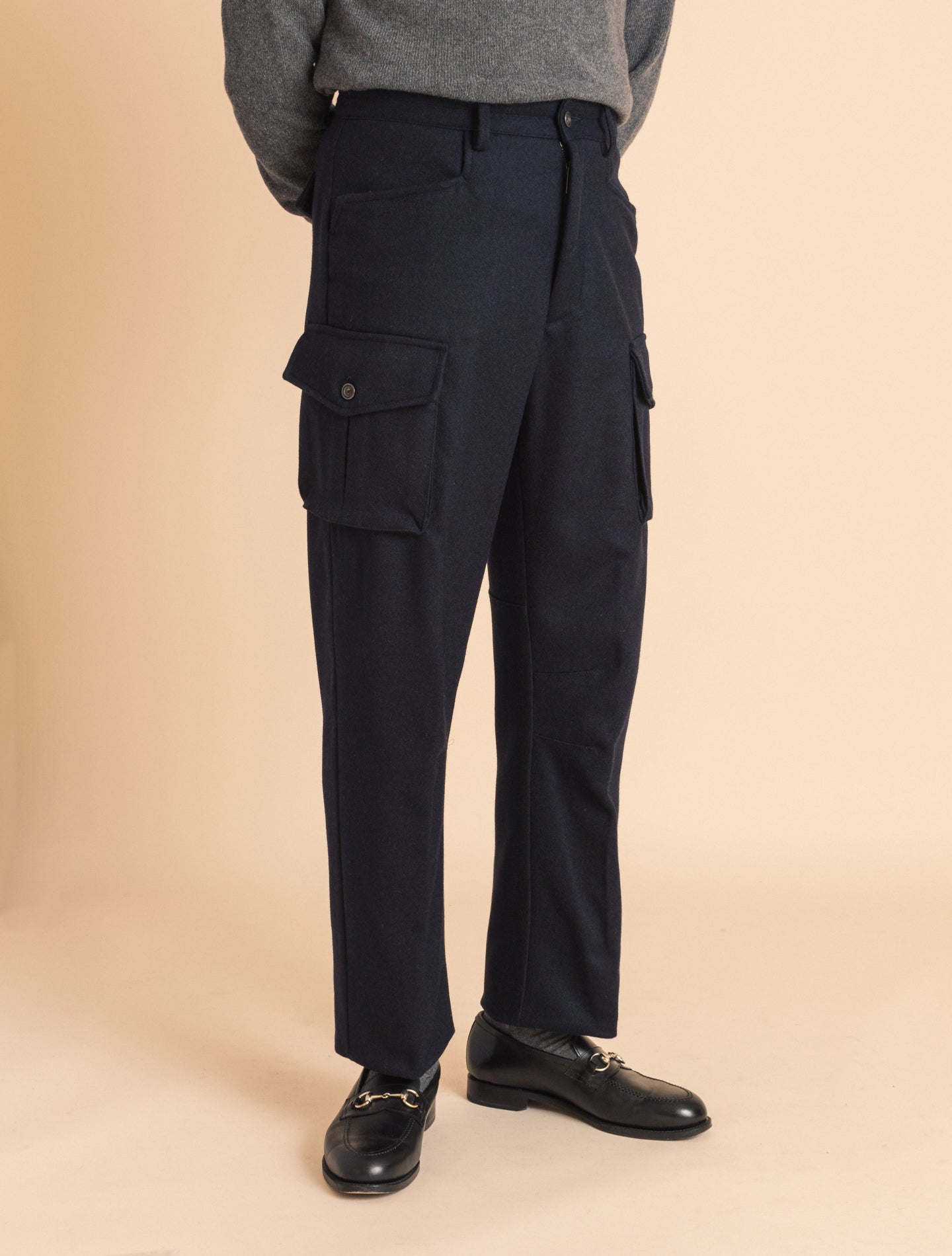 Navy Flannel Cargo Trousers | Gabucci