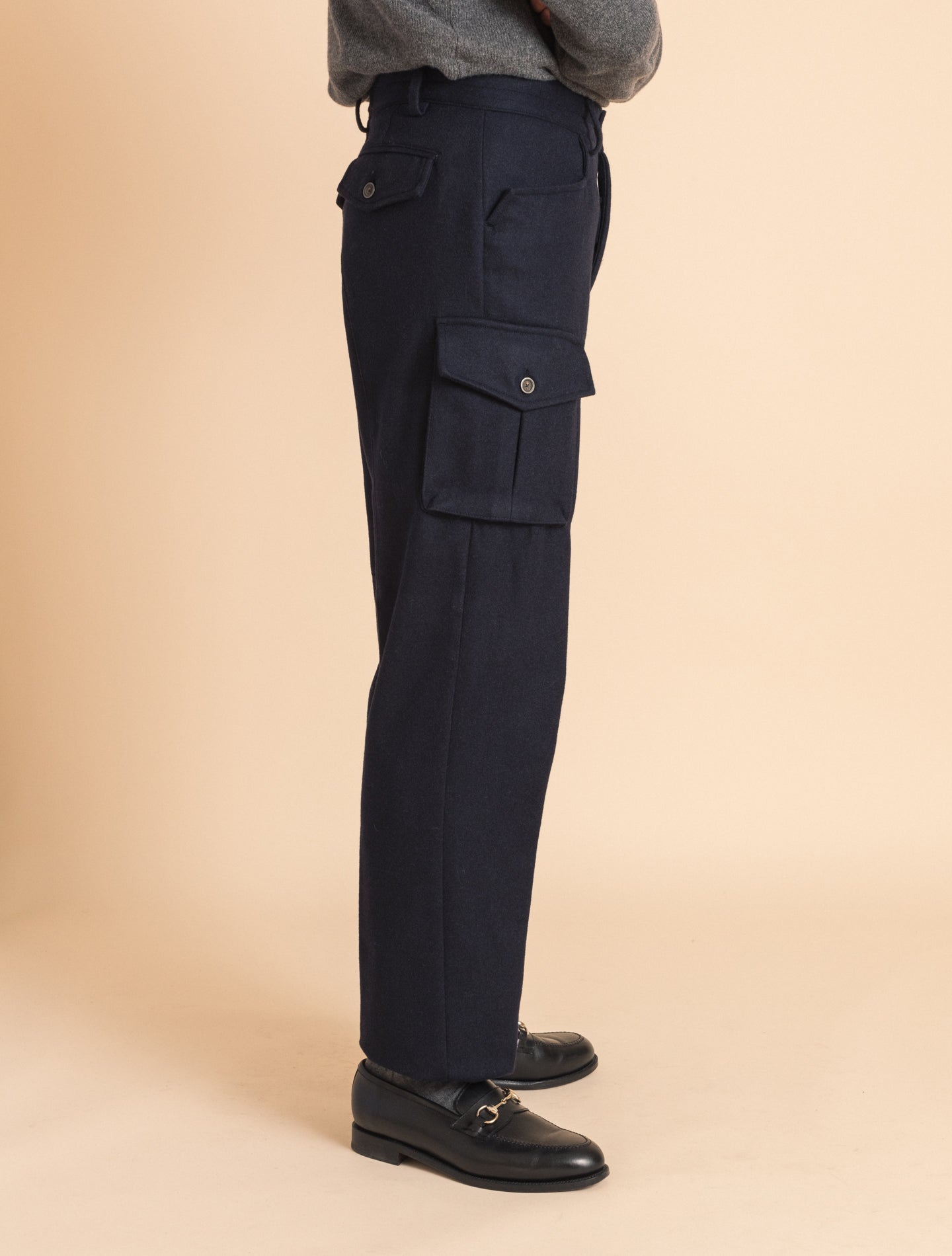 Navy Flannel Cargo Trousers | Gabucci