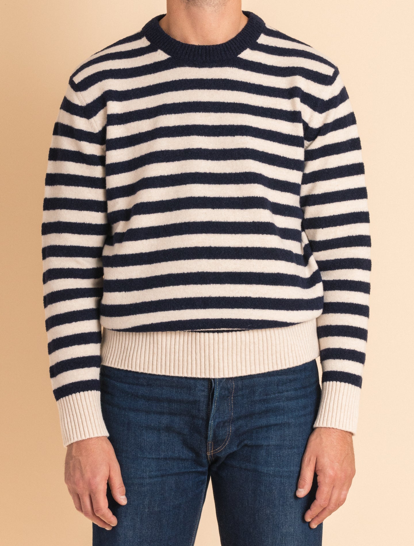 Navy Striped Heavy Knitted Crewneck Sweater | Gabucci