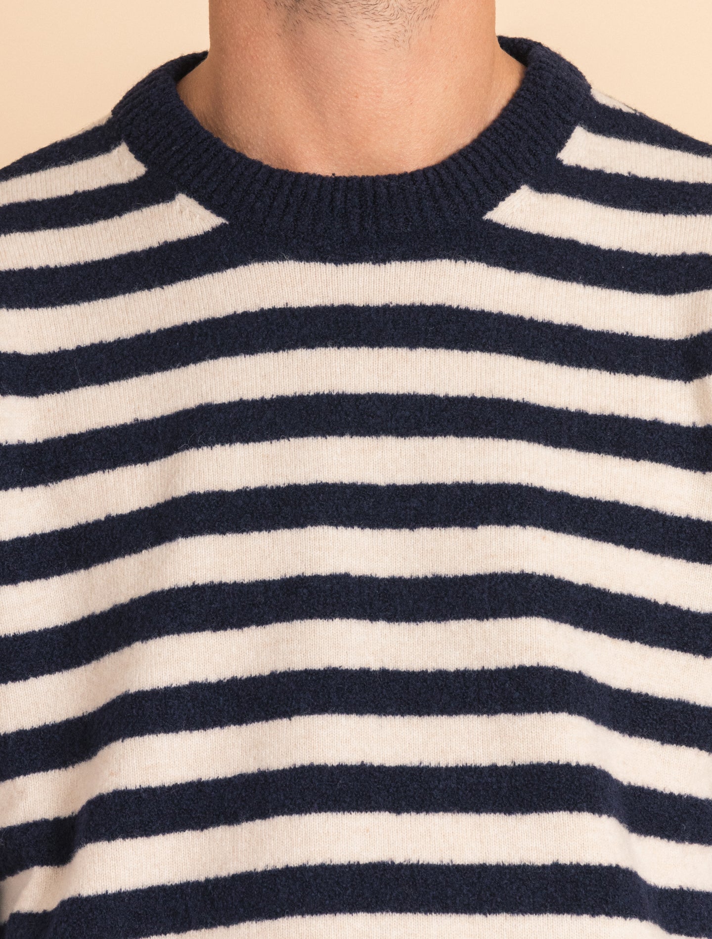 Navy Striped Heavy Knitted Crewneck Sweater | Gabucci