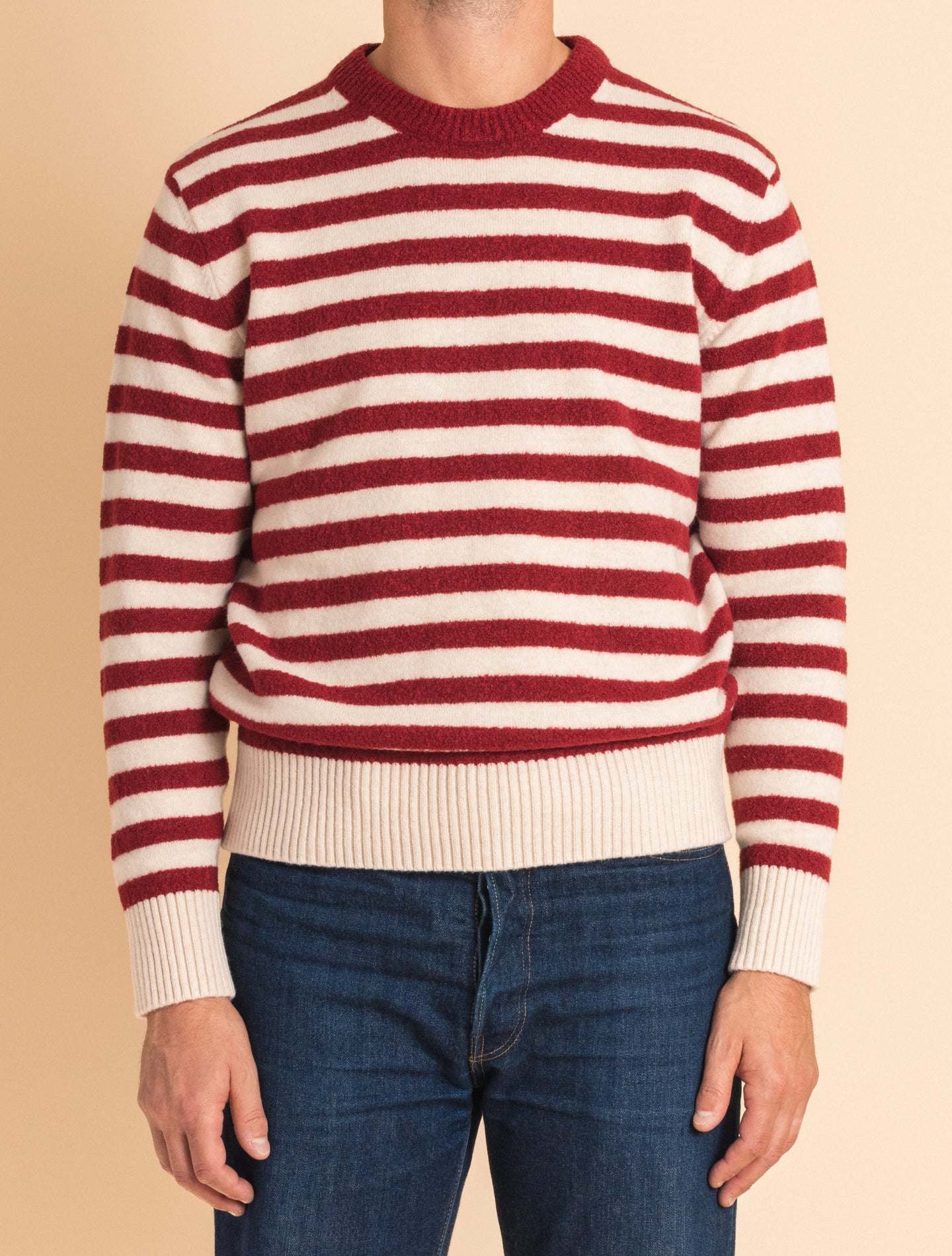 Red Striped Heavy Knitted Crewneck Sweater | Gabucci