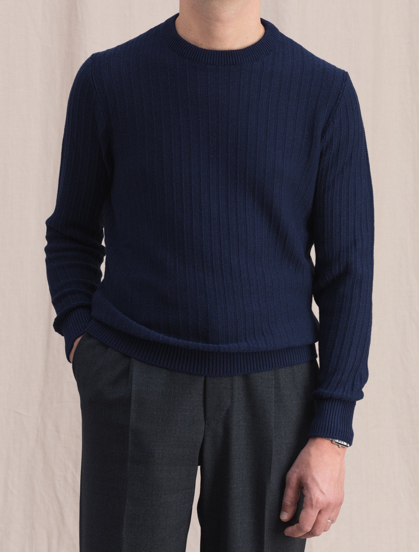 Rib Knitted Cotton Cashmere Crewneck Navy Fioroni Knitwear 46