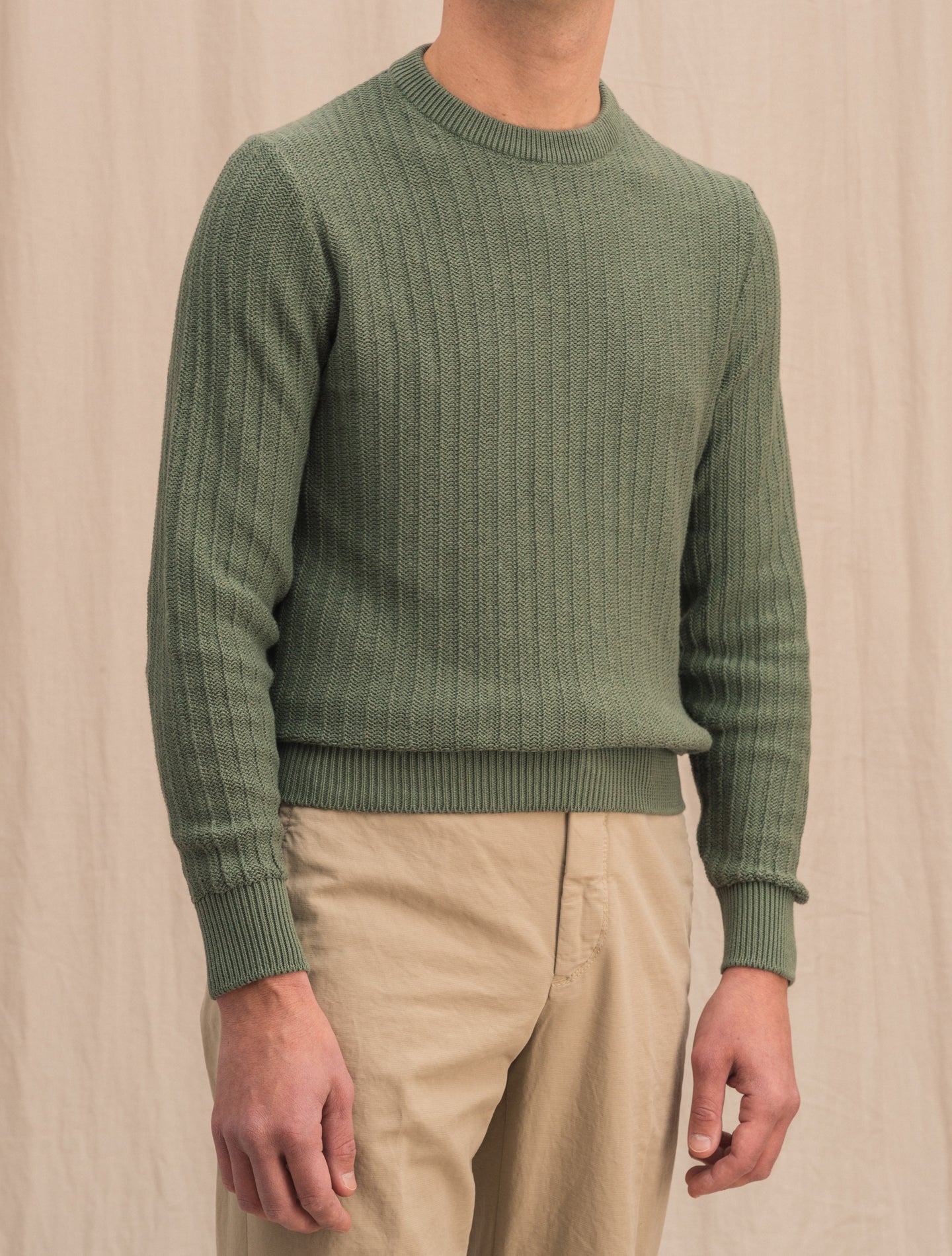 Rib Knitted Cotton Cashmere Crewneck Sage Green Fioroni Knitwear 46