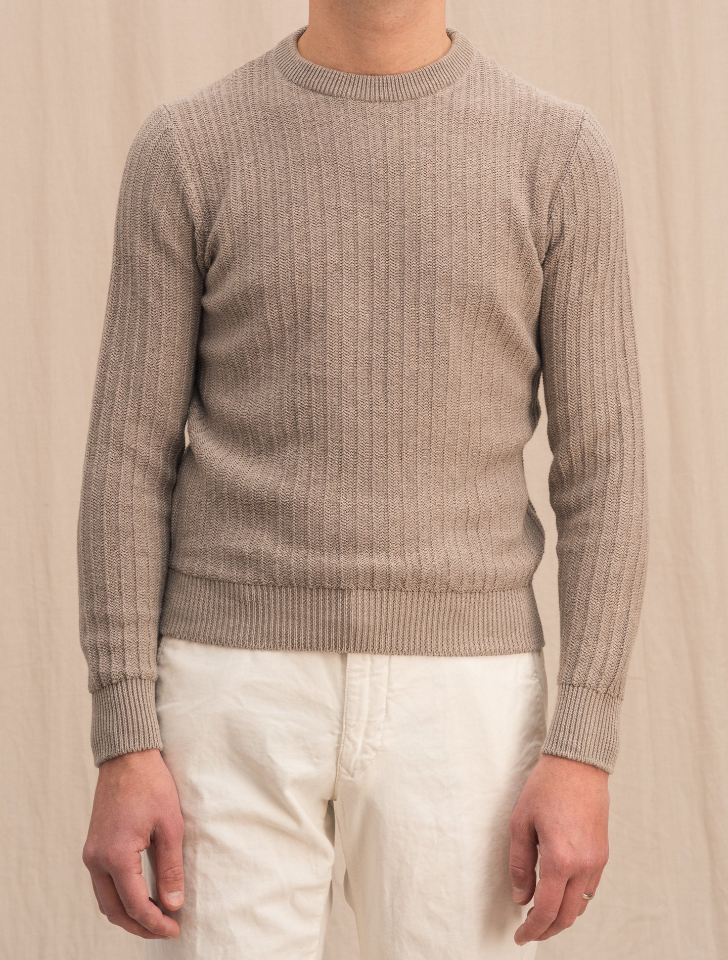 Rib Knitted Cotton Cashmere Crewneck Taupe Fioroni Knitwear 46